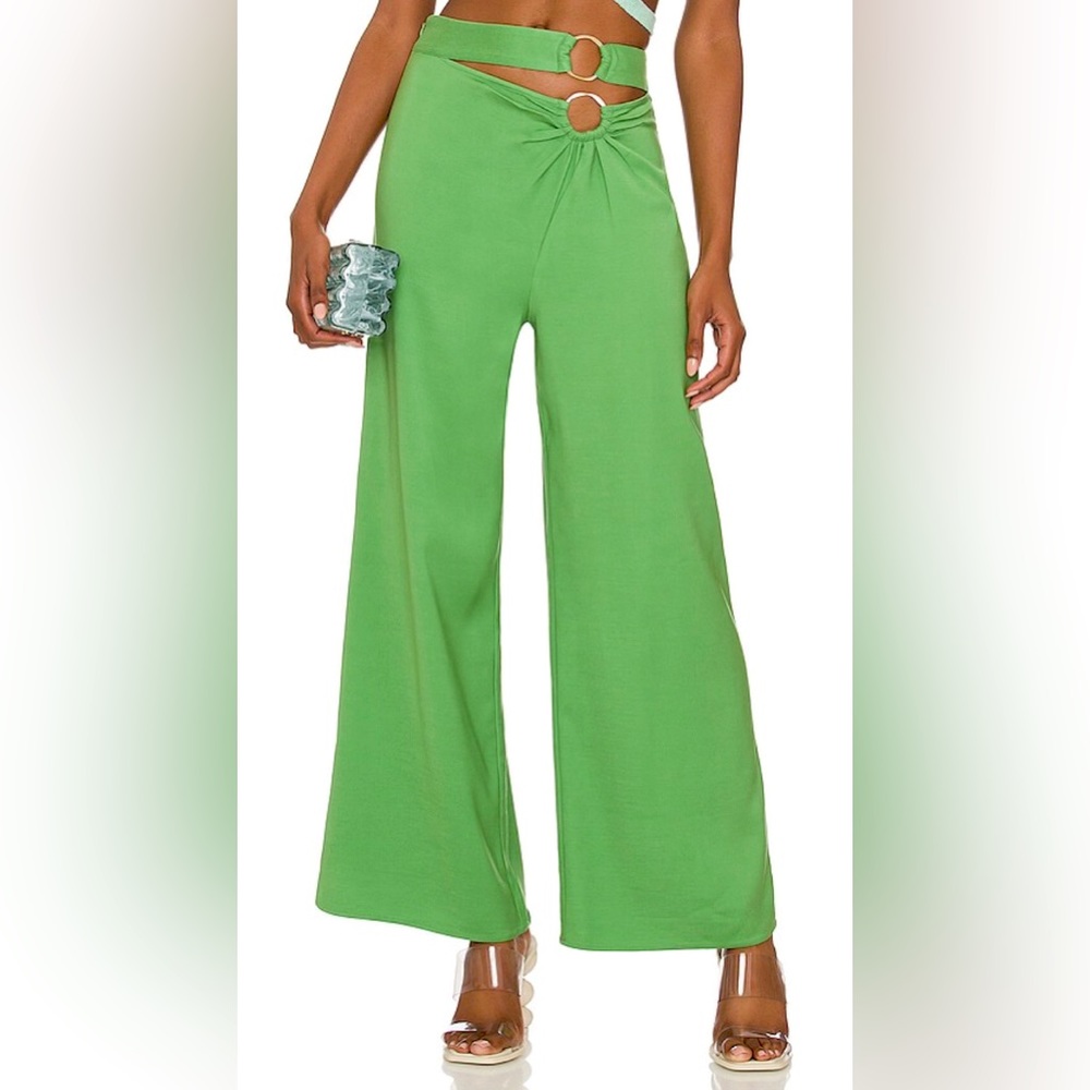 NWT Cult Gaia Cerys Pants High Rise Jeannie Flare Wide Leg Trousers Gold Green